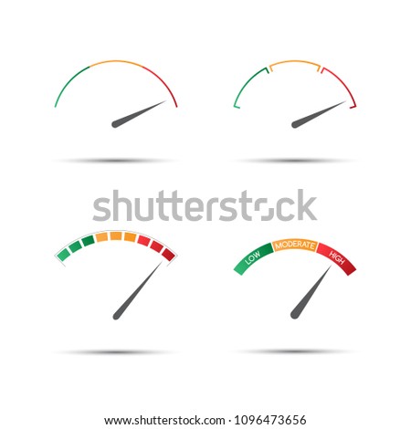 Set of four simple color tachometers (low, moderate, high), vector speedometer icon, performance measurement symbol isolated on white background