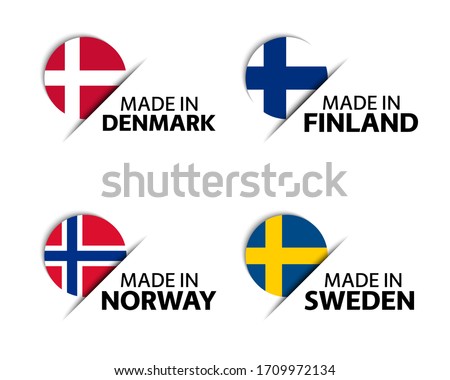 Set of four Danish, Finnish, Norwegian and Swedish stickers. Made in Denmark, Made in Finland, Made in Norway and Made in Sweden. Simple icons with flags isolated on a white background