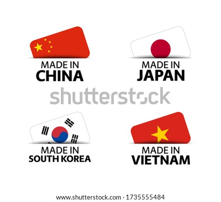 Set of four Chinese, Japanese, Korean and Vietnamese stickers. Made in China, Made in Japan, Made in South Korea and Made in Vietnam. Simple icons with flags isolated on a white background