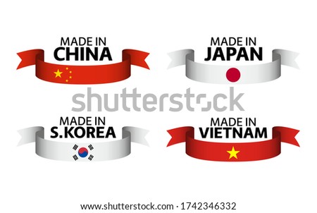 Set of four Chinese, Japanese, South Korean and Vietnamese ribbons. Made in China, Made in Japan, Made in South Korea and Made in Vietnam. Simple symbols with flags isolated on a white background