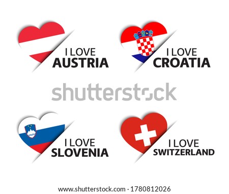 Set of four Austrian, Croatian, Slovenian and Swiss heart shaped stickers. I love Austria, Croatia, Slovenia and Switzerland. Made in Austria, Made in Switzerland. Simple icons with flags