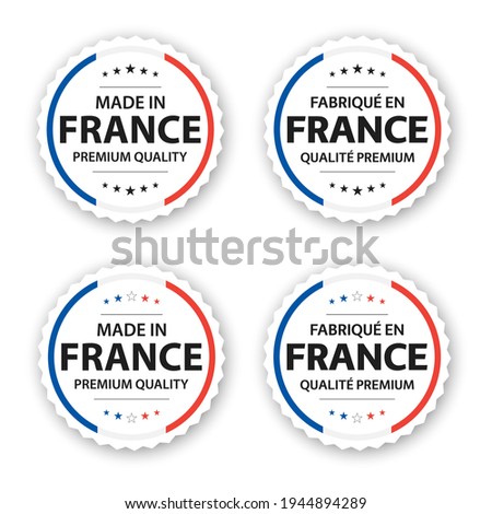 Set of four French labels. Made in France In French Fabriqué En France. Premium quality stickers and symbols with stars. Simple vector illustration isolated on white background