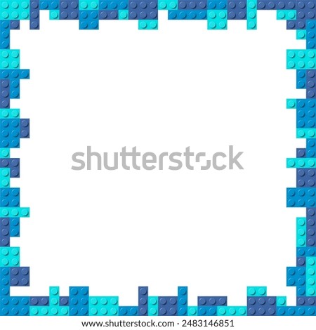 Blue frame composed of three shades of blue plastic toy blocks. Colorful brick banner isolated on a white background. Simple bricks template. Abstract vector background