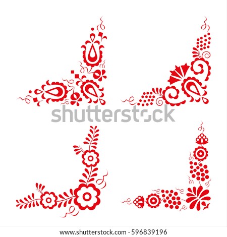 Set of four traditional folk ornaments, hungarian decorative pattern, red embroidery isolated on a white background, vector illustration ストックフォト © 