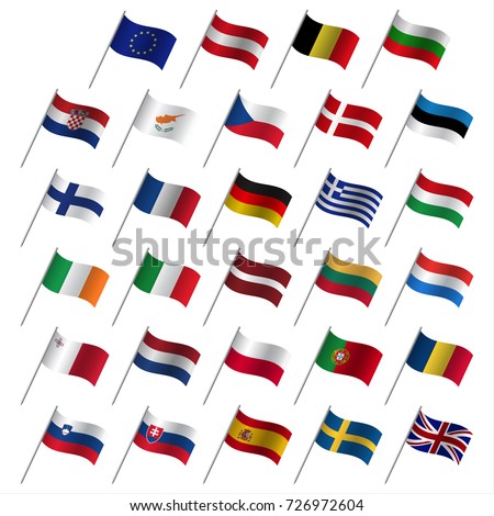 European Union country flags, member states EU, flaming flags isolated on a white background