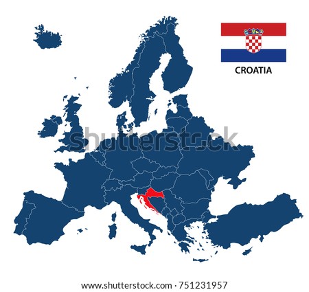 Vector illustration of a map of Europe with highlighted Croatia and Croatian flag isolated on a white background
