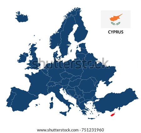 Vector illustration of a map of Europe with highlighted Cyprus and Cypriot flag isolated on a white background
