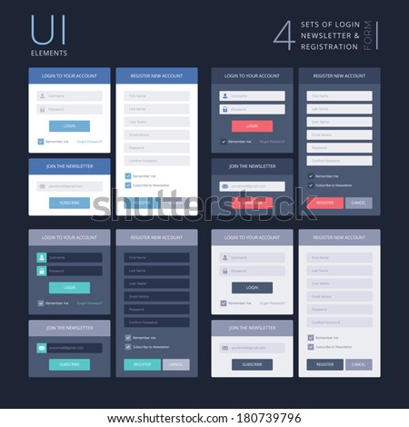 UI elements, 4 sets of login, newsletter and registration form, flat design