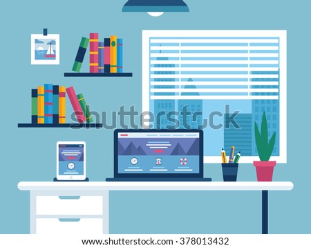 Office Flat design, vector workspace illustration. Laptop and tablet.