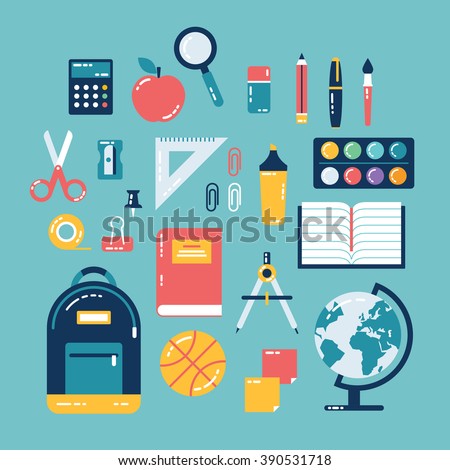 Flat design of school supplies. Calculator, apple, magnifier, eraser, pens, brush, scissors, ruler, notebook, backpack, globe, watercolor.