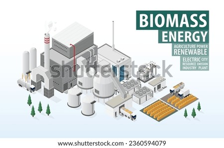 biomass energy, biomass power plant in isometric graphic