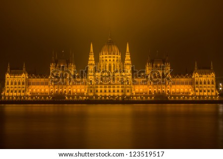 The government building in Budapest in fog