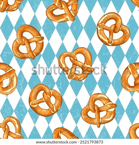 A vibrant vector illustration with salted pretzels scattered on a classic blue and white Bavarian background. Ideal for use in culinary, bakery, and Oktoberfest-themed designs.