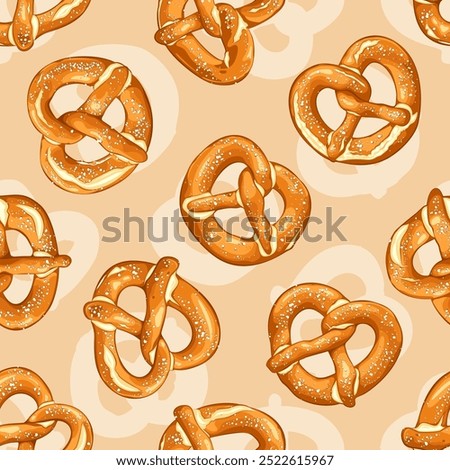 A seamless pattern of golden-brown salted pretzels, each sprinkled with coarse salt, set against a light background, creating a visually appealing and delicious design.