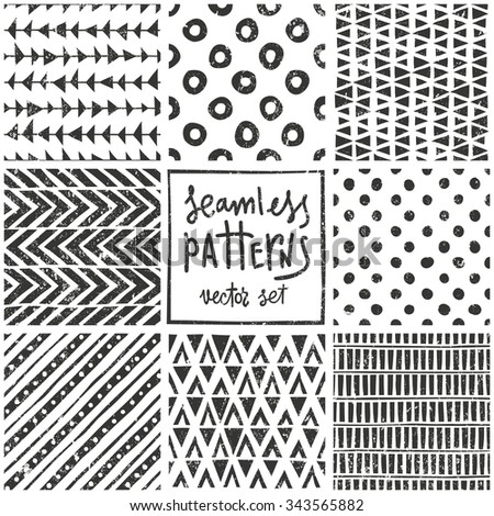 Set of 8 primitive geometric patterns. Tribal seamless background. Stylish trendy print. Modern abstract wallpaper with grunge texture. Vector illustration EPS10.