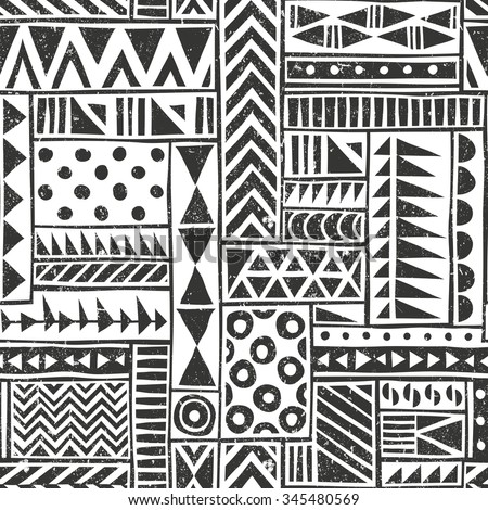 Vector seamless tribal pattern. Seamless background with different geometric shapes. Hand drawn illustration.. Contains no transparency and blending modes. 