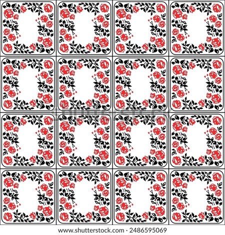 Japanese Rose Vine Square Frame Vector Seamless Pattern