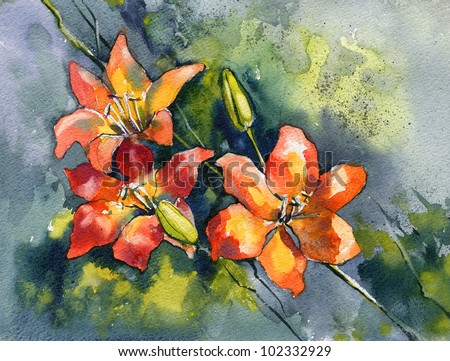 Bouquet of lilies (Lilium bulbiferum). Watercolor.