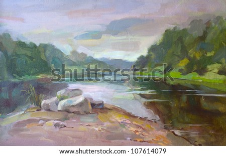 Landscape with the river. Oily painting.