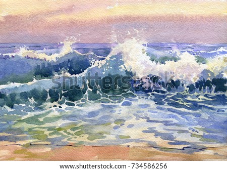 Landscape with sea coast, waves, surf. Seascape painted in watercolor.