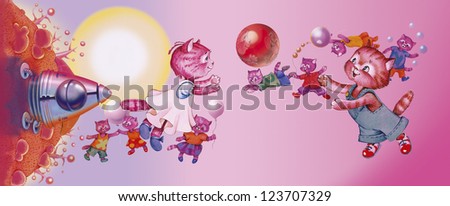Two cats romantic meeting. Pink kitty from Pink planet likes foxy kitten. There are space, rocket, planet, stars, balls, friends. The illustration for children story about friendship, adventures.