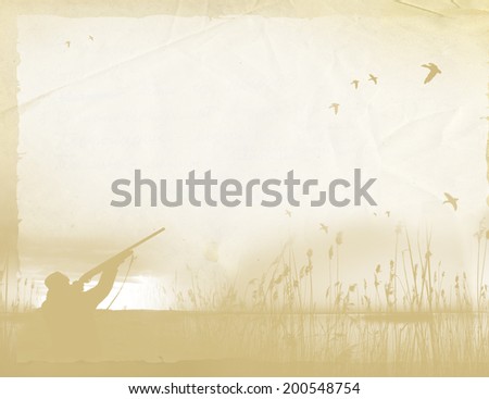 Hunting on the old paper background Page of the old book with the silhouette of a hunter and scenery, yellowed sheet of paper, faded background