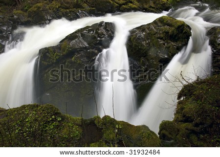 This is a straight ahead view of Sol Duc Falls in Olympic National Park during spring run off.
