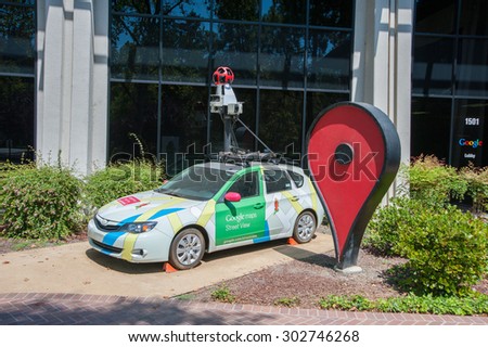 MOUNTAIN VIEW, CA - AUGUST 1, 2015: Google\'s Street View car on display at Google headquarters in Mountain View, California on August 1 2015
