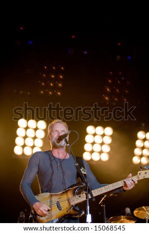Sacramento, CA - July 17,2008: Singer Sting performs on-stage at the Sleep Train Amphitheater in Marysville, CA with The Police in their North American Reunion Tour
