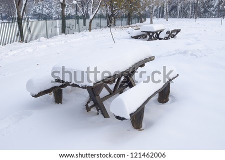 Snow covered benches in park