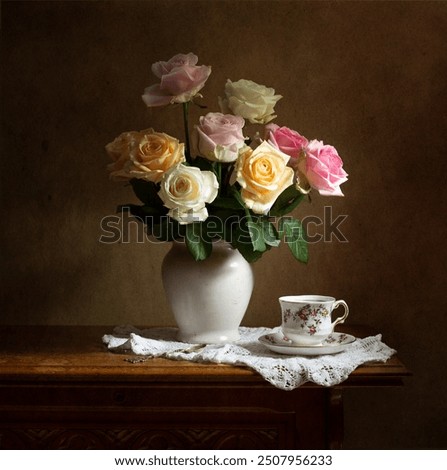 Foto Bild Stillleben mit Blumen und Kaffeetasse auf dunklem Hintergrund