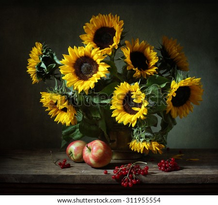 Still life with sunflowers and apples (textured for artistic effect)