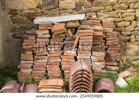 Similar – Image, Stock Photo Red-brown curved roof tiles on the roof of an old building with chimney in the sunshine in Oerlinghausen near Bielefeld on the Hermannsweg in the Teutoburg Forest in East Westphalia-Lippe