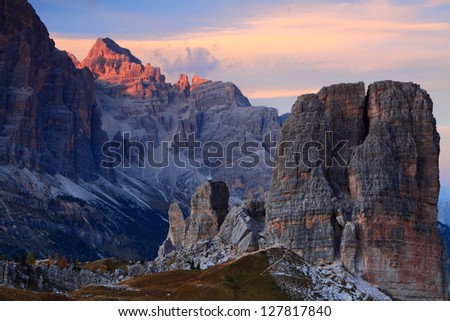 Sunset over Tofana di Rozes and Cinque Torre, Dolomite Alps, Italy