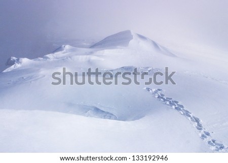 Foot steps in the snow, climbing toward mountain top
