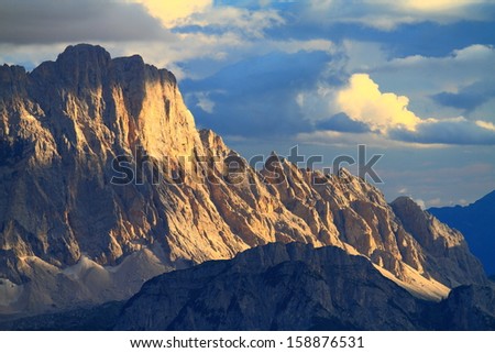 Mountains and summits at sunset, Dolomite Alps, Italy