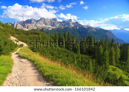 Green meadow and trail leading to distant mountains, Dolomite Alps, Italy