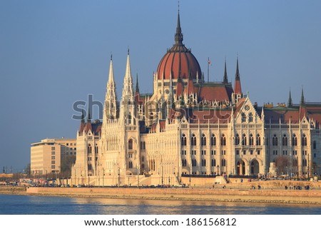Parliament building lit by the sunset light, Budapest, Hungary