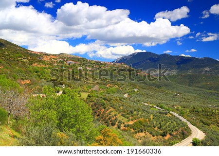 Vivid vegetation surrounding the mountain town of Arachova near Parnassus Mountains, Greece