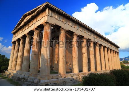 Well preserved temple dedicated to ancient god Hephaestus in ancient Agora, Athens, Greece