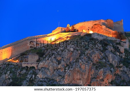 Palamidi fortress illuminated by night, Nafplio, Greece
