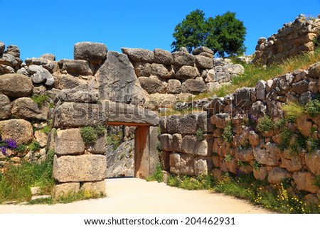 Lion Gate is the main access point to the Mycenae fortress, Peloponnese, Greece
