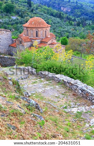 Byzantine church inside old medieval town of Mystras, Greece