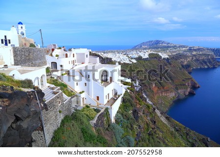 White buildings high above sea on the island of Santorini, Greece