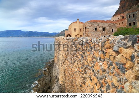 Stone walls of a Byzantine town above the Mediterranean sea, Monemvasia, Greece