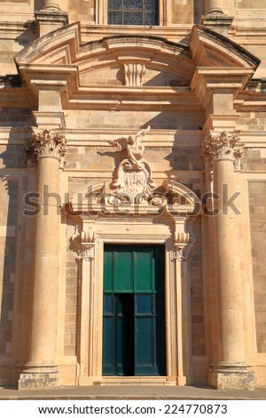 Main door and facade of St Ignatius Church (Crkva Sv Ignacija) inside old town with Venetian architecture, Dubrovnik, Croatia