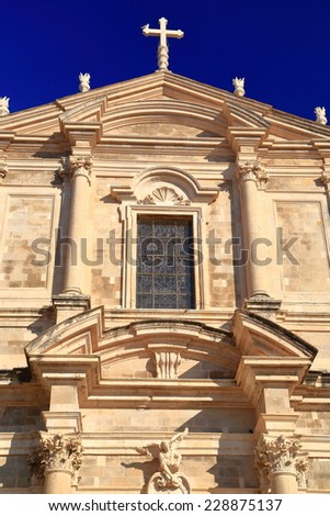 Detail of the facade of St Ignatius Church (Crkva Sv Ignacija) inside old town with Venetian architecture, Dubrovnik, Croatia