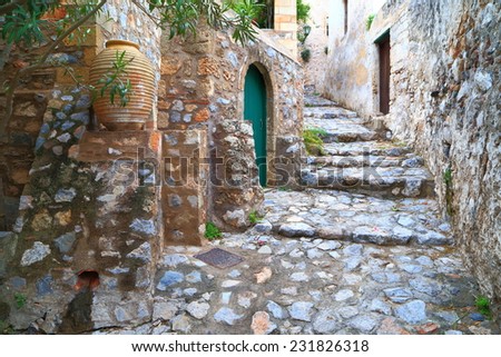 Rock paved street inside the Byzantine town of Monemvasia, Greece