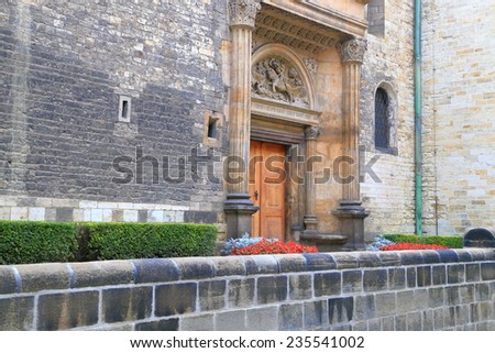 Beautiful side door of the baroque building of St George Church, Prague Castle, Czech Republic