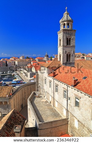 Venetian architecture of the Dominican Monastery and its tower inside the old town of Dubrovnik, Croatia